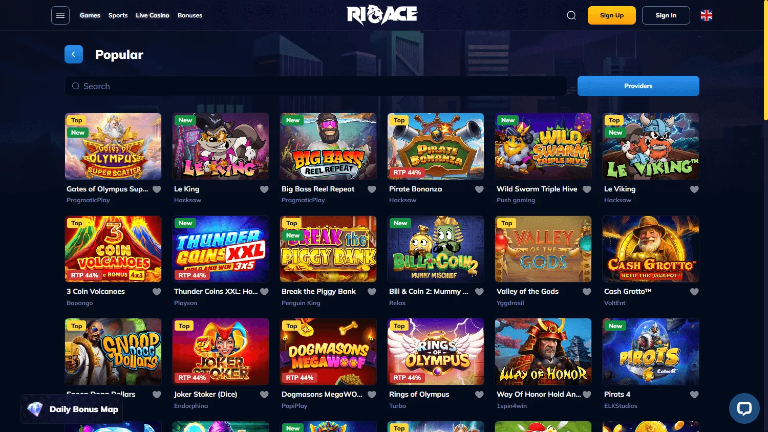 Rioace Casino desktop casino games interface