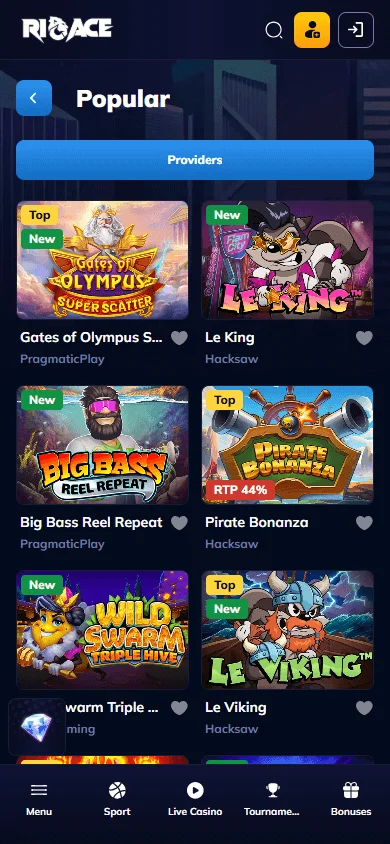 Rioace Casino mobile casino games interface
