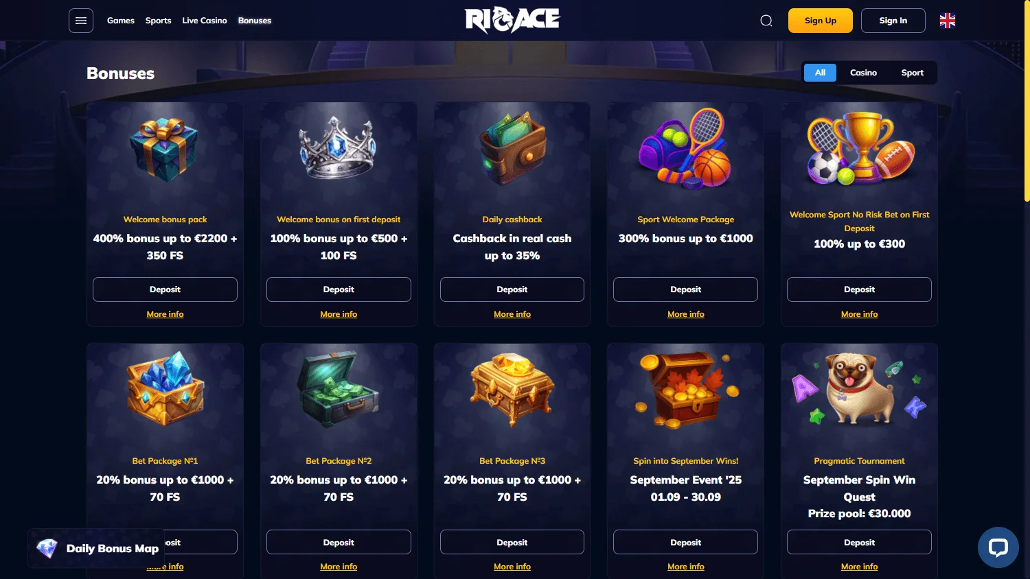 Rioace Casino desktop promotions interface