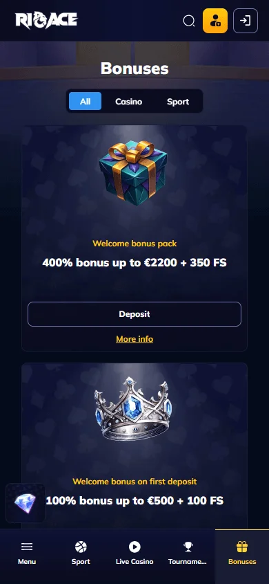 Rioace Casino mobile promotions interface