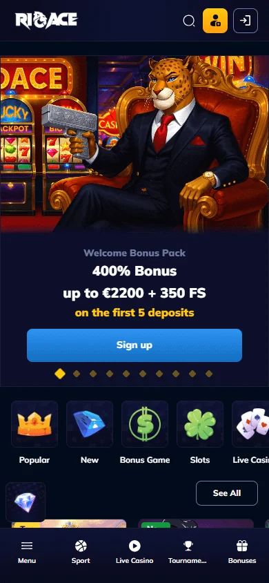Rioace Casino mobile home interface