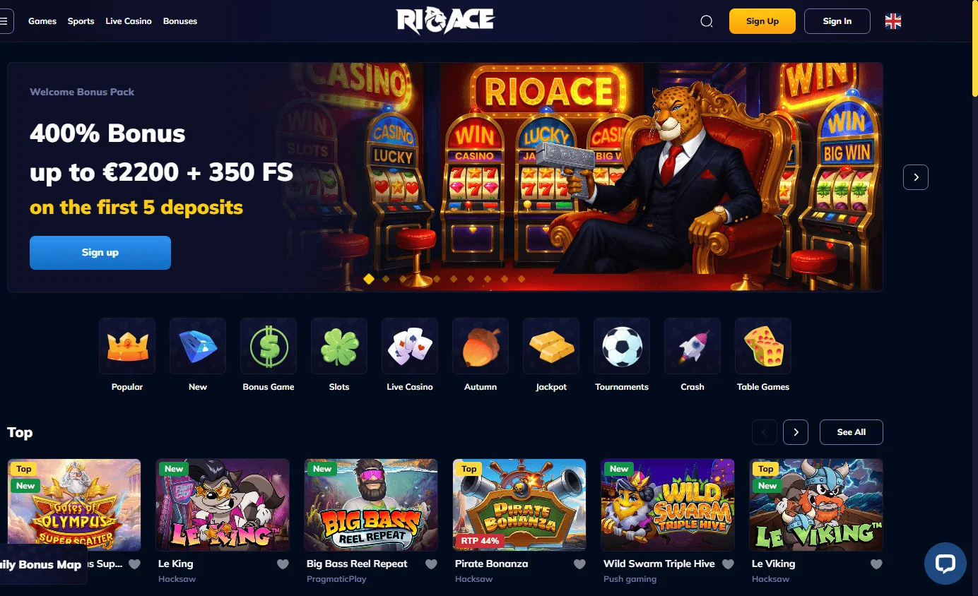 Rioace Casino desktop home interface